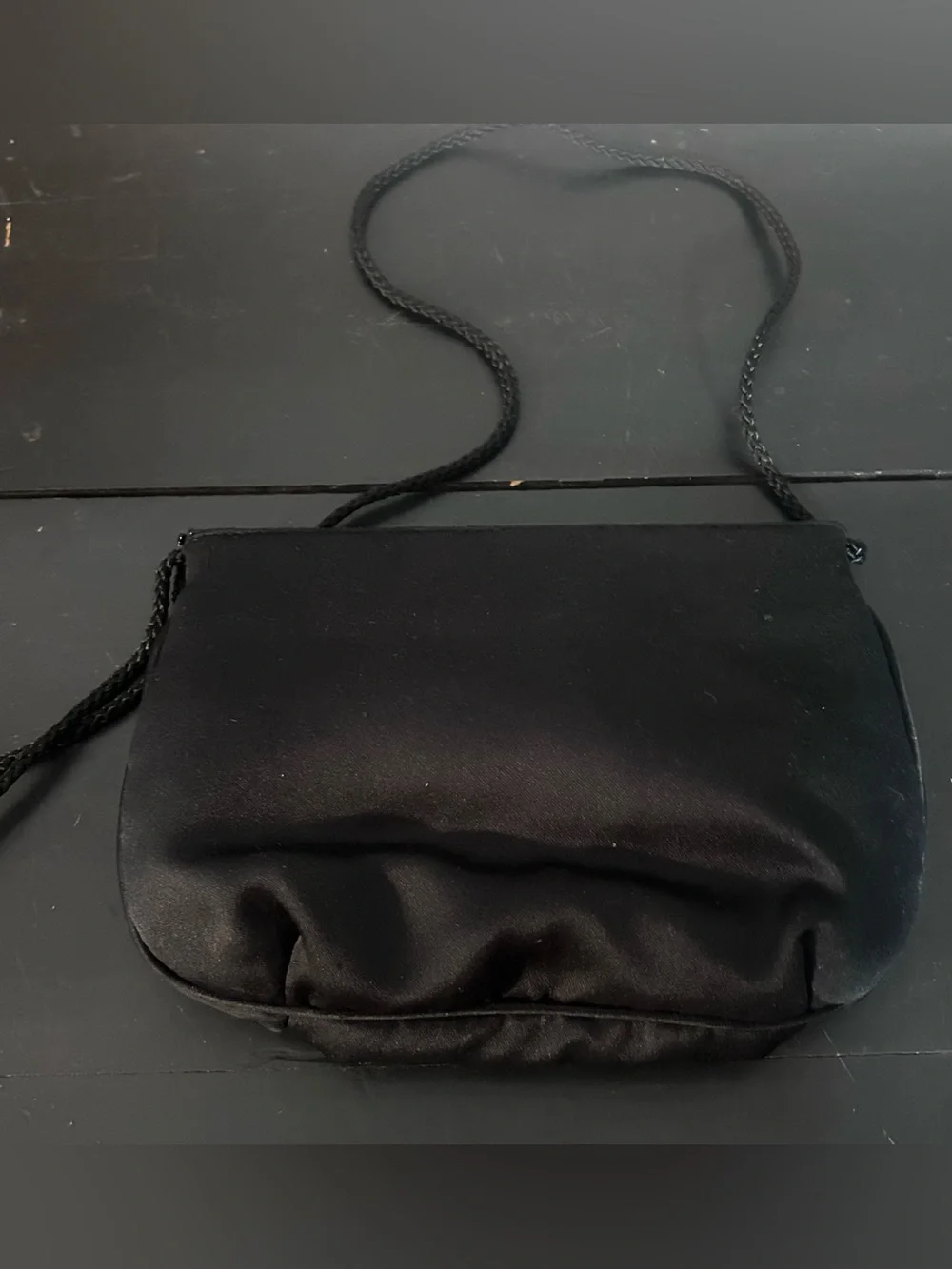 Vintage Black Satin Beaded Evening Clutch Floral Gold Silver Shoulder Purse